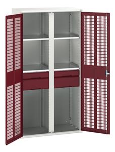 16926777.** verso ventilated door kitted cupboard with 4 shelves, 4 drawers & partition. WxDxH: 1050x550x2000mm. RAL 7035/5010 or selected